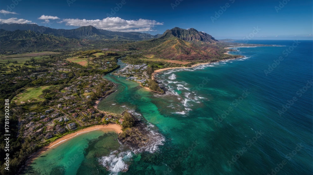 Fototapeta premium Aerial View of Lihue: Stunning Coastal Vista of Kauai's Beach Paradise