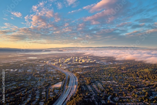 Aerial Sunset Panorama: Scenic View from Skyline Highway over Menlo Park and Stanford University, California
