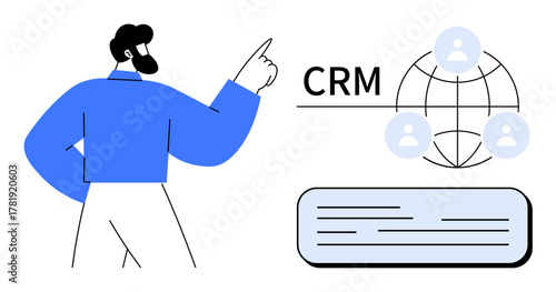 Professional pointing at CRM interface with user icons over globe. Ideal for customer management, global networking, business strategy, data organization, software development, teamwork, simple flat