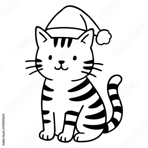 Dibujo sencillo con líneas de gato rayado simpático con sombrero de Santa Claus para tarjetas y felicitaciones de Navidad