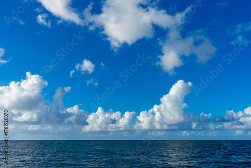 The perfect Caribbean horizon divides a calm blue sea and a vast sky scattered with bright white clouds