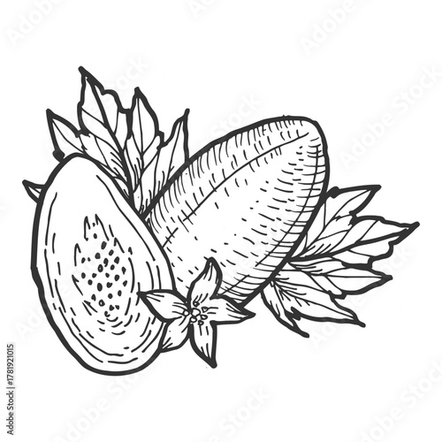 Hand drawn papaya fruit sketch. Vector illustration of composition with whole and half fruit with flower, leaves.