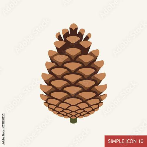 A simple, flat design illustration of a brown pine cone with a green base, isolated on a light background.