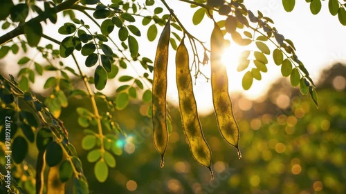 Moringa tree branch with three seed pods hanging amidst small round leaves backlit by sun