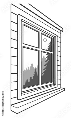 A detailed line drawing of a window on a building with a view of pine trees and a moon in the distance.