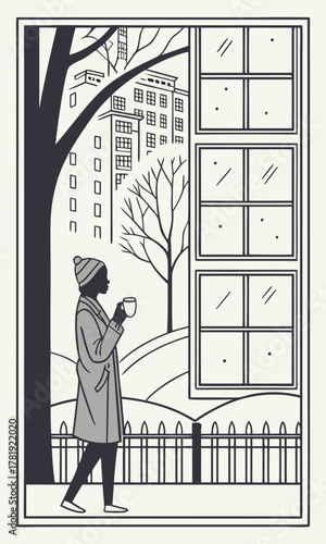 Stylized illustration of a person in a winter coat and hat, holding a cup, walking in a snowy urban landscape with buildings and bare trees, framed by a window.