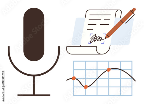 Large microphone, legal document with pen and signature, line graph with data points. Ideal for communication, productivity, analytics, technology, creative workflows, remote work simple flat