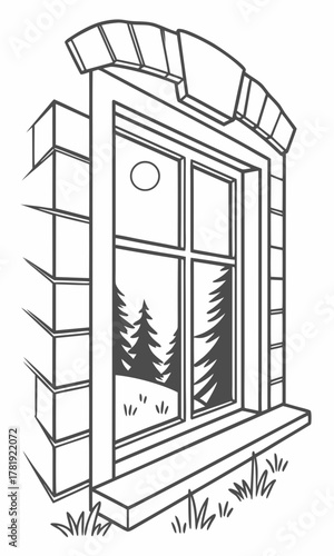 A black and white line drawing of a window with a brick frame, looking out onto a landscape with pine trees and a sun.