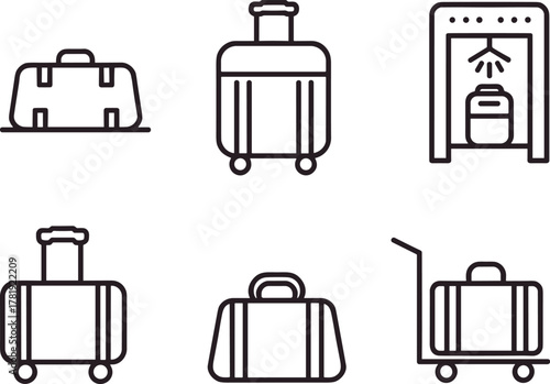 Black silhouette travel luggage icons set with duffel bags, rolling suitcases, airport scanner, luggage cart, baggage handling vector illustration