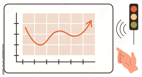 Graph showing upward trend, hand gesture pointing at signal light with wireless signal waves. Ideal for growth, success, decision-making, forecasting, strategy, business progress, simple flat