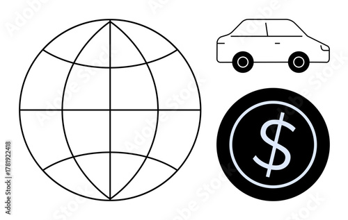 Globe, car, and dollar sign combine to represent global commerce, transportation, economic systems, international trade. Ideal for mobility, finance, logistics globalization economy travel simple