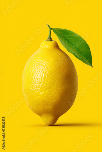 Lemon with green leaf on yellow