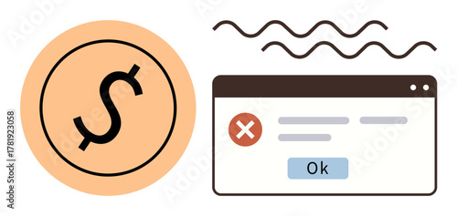 Dollar icon represents financial aspect alert window with error message and OK button conveys an issue or transaction failure. Ideal for fintech, banking, online payments, error handling, risk