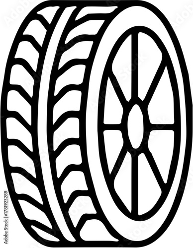 A simple black and white icon of a car tire on a wheel, showing the tread and spokes. It represents automobiles or transportation.