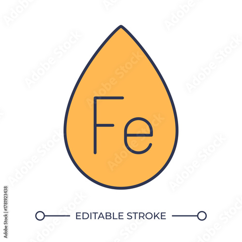 Ironmaking line color icon. Drop of molten metal with iron chemical name. Metallurgical industry processes. Fabrication. Isolated vector illustration. Flat colorful symbol design. Editable stroke
