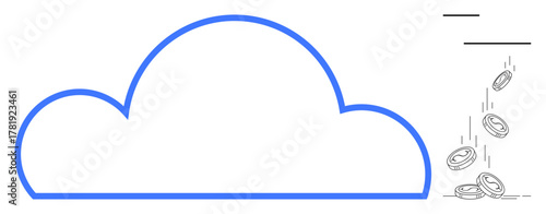 Blue cloud outline with coins falling, representing digital storage, financial gain, scalable technology. Ideal for finance, investment, cloud services, innovation, savings digital economy simple