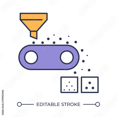 Ore concentration line color icon. Vibrating conveyor sorting extracted deposit. Separating unwanted impurities. Isolated vector illustration. Flat colorful symbol design. Editable stroke