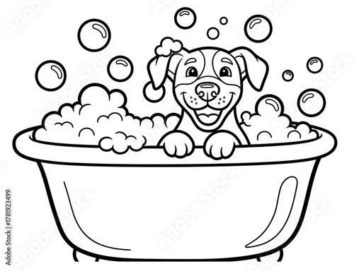 Happy dog enjoying a bubbly bath in a large tub, surrounded by playful soap bubbles, perfect for a cheerful Christmas coloring page