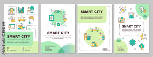 Smart city green circle brochure layout. Urban services improvement technology. Leaflet advertising design with color line icons. Editable 4 pages. Arial-Bold, Myriad Pro-Regular fonts used