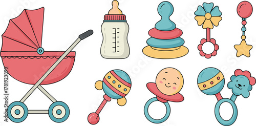 Baby stroller, feeding bottle, colorful rattles, pacifier, infant toys, toddler playthings, childcare essentials, cartoon design, newborn accessories, playful baby illustration