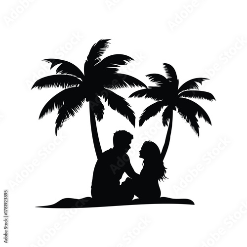 Silhouette of a couple sitting on a beach under palm trees, couple sitting beneath palm tree silhouette vector illustration
