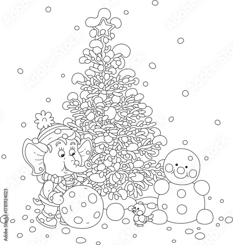 Cute little elephant playing with a merry small bird and making a funny toy snowman near a decorated Christmas tree in a snowy winter park, black and white vector cartoon illustration