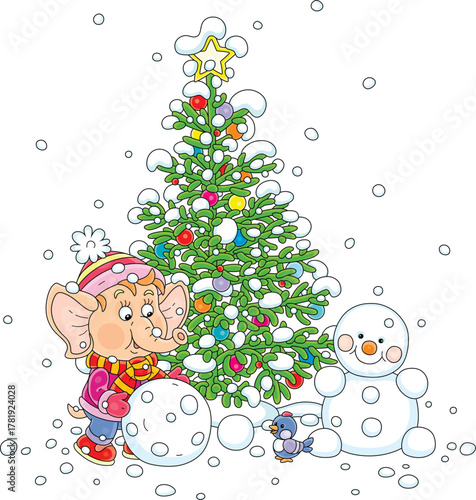 Cute little elephant playing with a merry small bird and making a funny toy snowman near a decorated Christmas tree in a snowy winter park, vector cartoon illustration