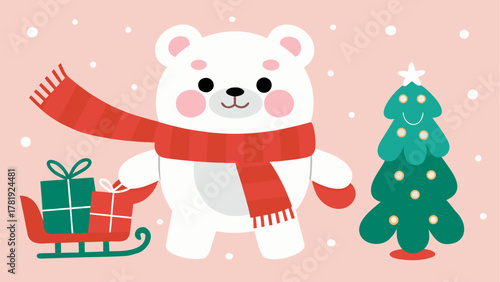 Charming winter wonderland featuring a playful polar bear with gifts on a sled and a Christmas tree, perfect for festive holiday greetings and designs