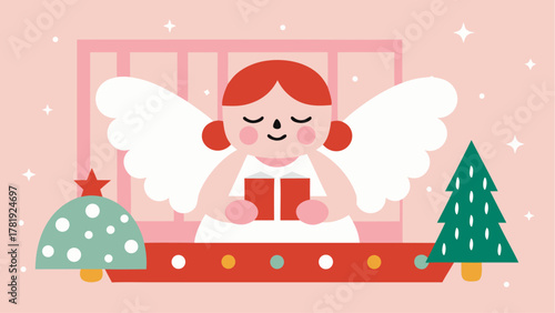Delightful Christmas angel with wings reading a book, a charming holiday scene perfect for greeting cards and festive designs, originally a vector graphic
