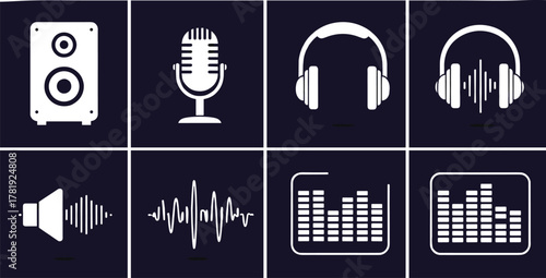 Audio speaker, microphone, headphones, sound wave, equalizer bars, music production, sound design, audio technology, digital waveform, recording studio illustration