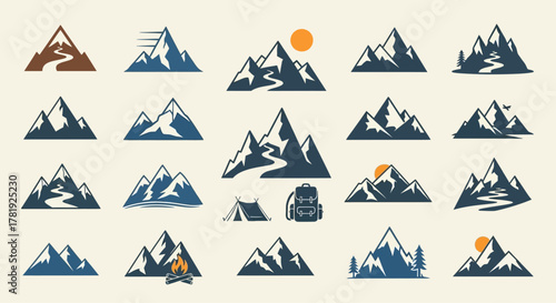 Mountain landscape icon set outdoor adventure and travel elements isolated on a light background