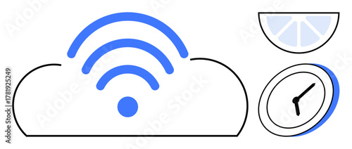Cloud with wireless signal, pie chart, and clock representing technology, connectivity, time, and data analysis. Ideal for cloud computing, networking, data management time tracking productivity