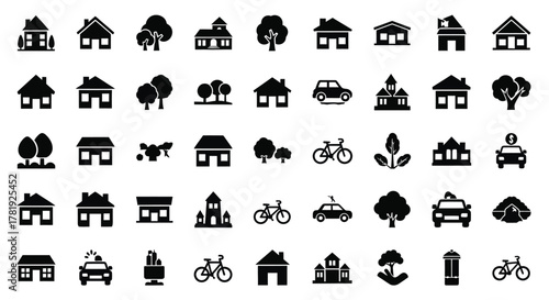 Set of black glyph icons representing community environment and transportation simple flat elements web and mobile apps isolated on white background