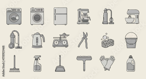 Set of household appliances icons simple line elements cleaning laundry and kitchen isolated on beige background