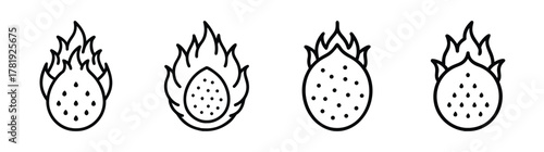 Four stylized dragon fruit icons featuring fiery crowns and seed details for creative projects