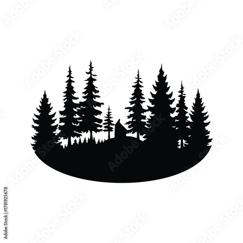 Silhouette of a dense forest with various trees and ground vegetation, forest clearing silhouette vector illustration