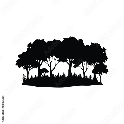 Black Silhouette Illustration of Trees, Shrubs, and Grass on White Background, forest clearing silhouette vector illustration