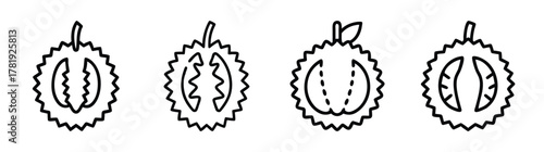 Four simple black and white line art icons of a cut durian fruit with stems