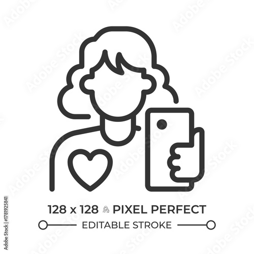 Woman influencer pixel perfect line icon. Female blogger holding smartphone. Creating content for social media. Isolated vector illustration. Outline symbol. Simple linear drawing. Editable stroke