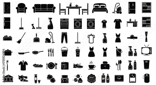 Set of household items icons simple black glyph isolated on white background web and mobile apps