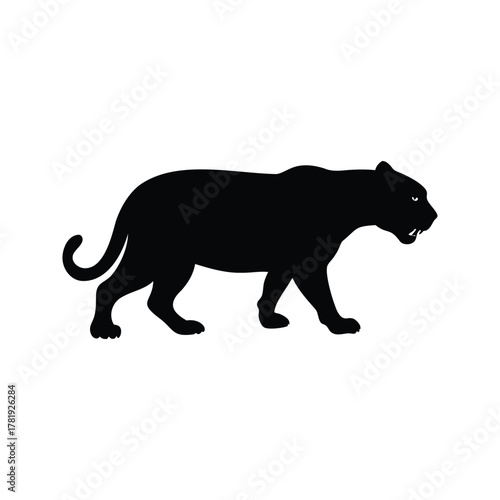 Silhouette of a black panther walking slowly, predatory and wild animal, jaguar prowling silhouette vector illustration
