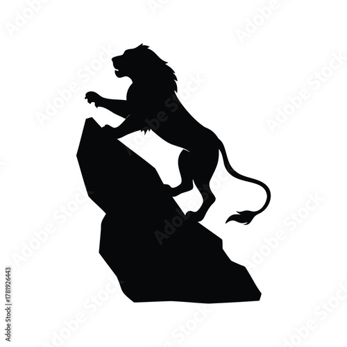 Majestic Lion Silhouette Climbing a Rock, Bold and Powerful Illustration, lion climbing rock silhouette vector illustration