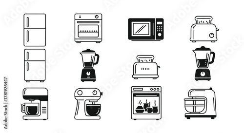 Set of kitchen appliance icons minimalist line art web and mobile applications isolated on white background
