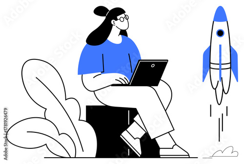 Woman sitting with laptop beside foliage, watching rocket take off. Ideal for entrepreneurship, innovation, productivity, technology, startup growth, learning and creative inspiration. Simple flat