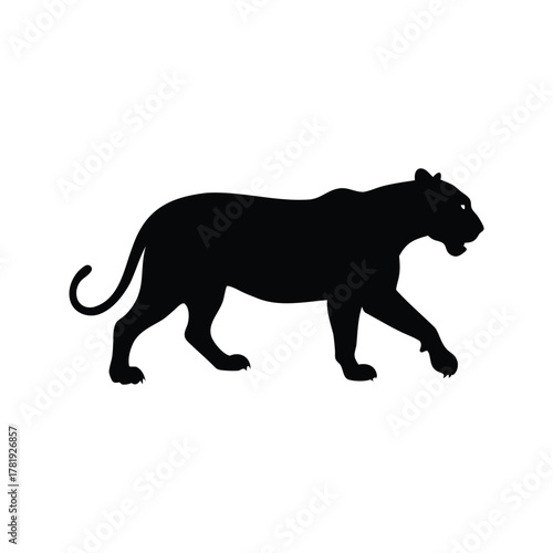 Silhouette of a sleek black panther gracefully walking with power and confidence, lioness hunting silhouette vector illustration