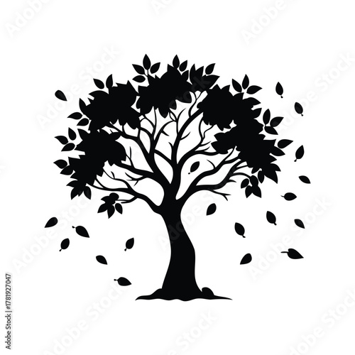 Silhouette of a deciduous tree losing its leaves in a fall landscape, oak tree with falling leaves silhouette vector illustration