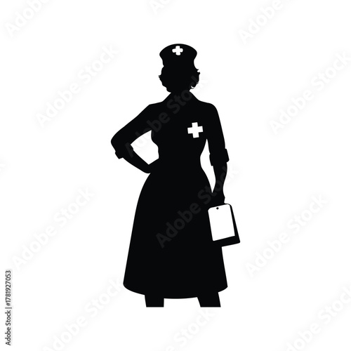 Silhouette of a nurse in uniform holding a clipboard with confidence, nurse assisting silhouette vector illustration