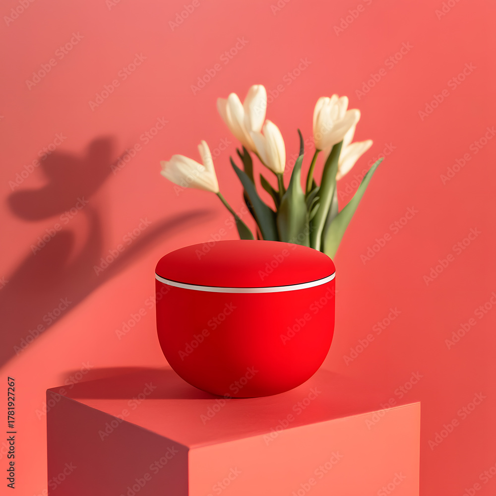 Obraz premium vibrant red product pedestal , placed on a pot of flower and vegetation background, creative layout for showcasing cosmetics or accessories, bright lighting with soft shadows