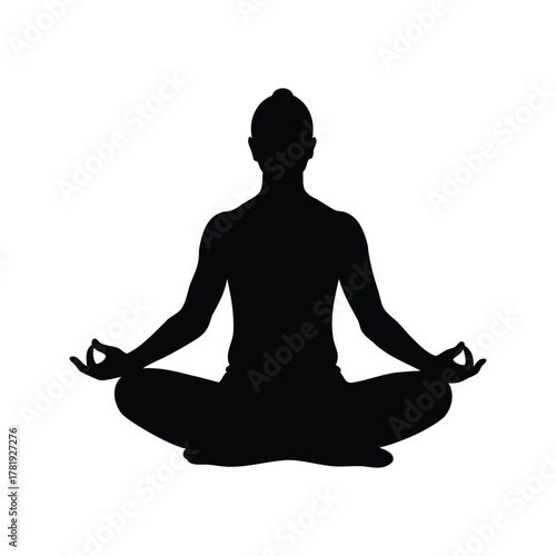 Silhouette of a person in lotus position meditating for relaxation and wellness, person doing yoga silhouette vector illustration