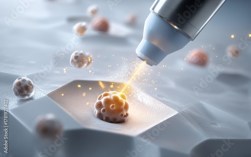 Conceptual Medical Illustration of Laser Treatment Targeting Cells High-Angle Shot, Futuristic Healthcare Concept, Medical Technology, Cancer Treatment